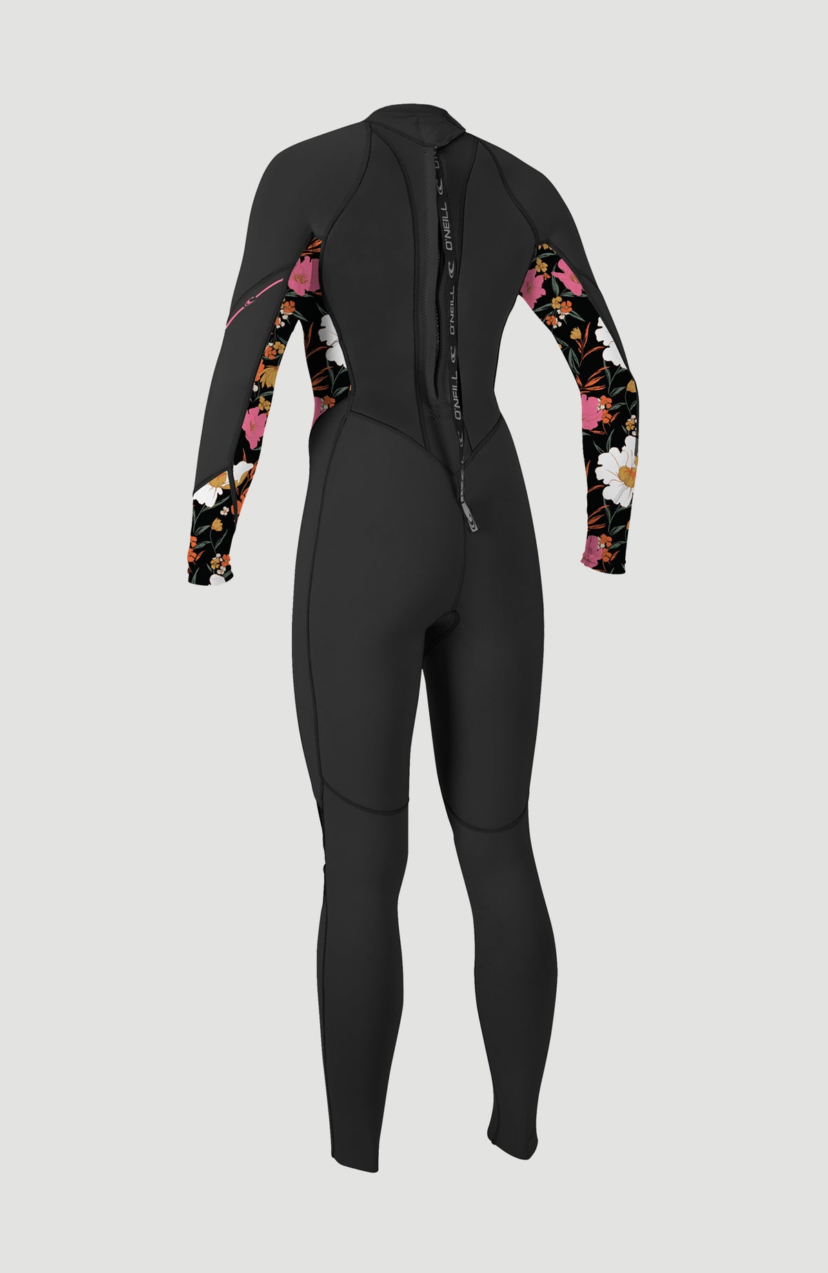 Wms Bahia 3/2 Back Zip Full Neoprenanzug, schwarz mit Blumenmuster in Pink und Weiß, Rückansicht mit Reißverschluss