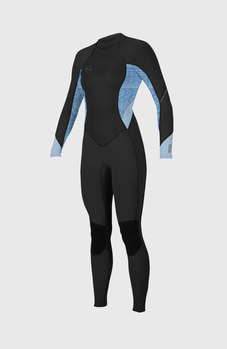 O'Neill Wms Bahia 3/2 Back Zip Full Neoprenanzug für Damen, schwarz mit Surfmuster in Hellblau, freigestellt von vorne