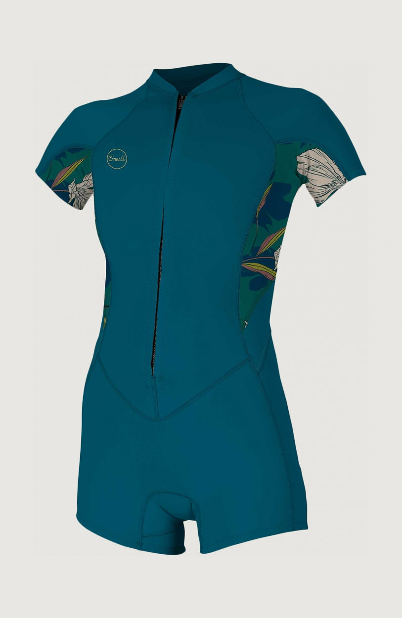 O'Neill Bahia 2/1mm Front Zip Shortsleeve Spring Wetsuit für Damen, blau mit Blumenmuster in Grün und Beige, Vorderansicht