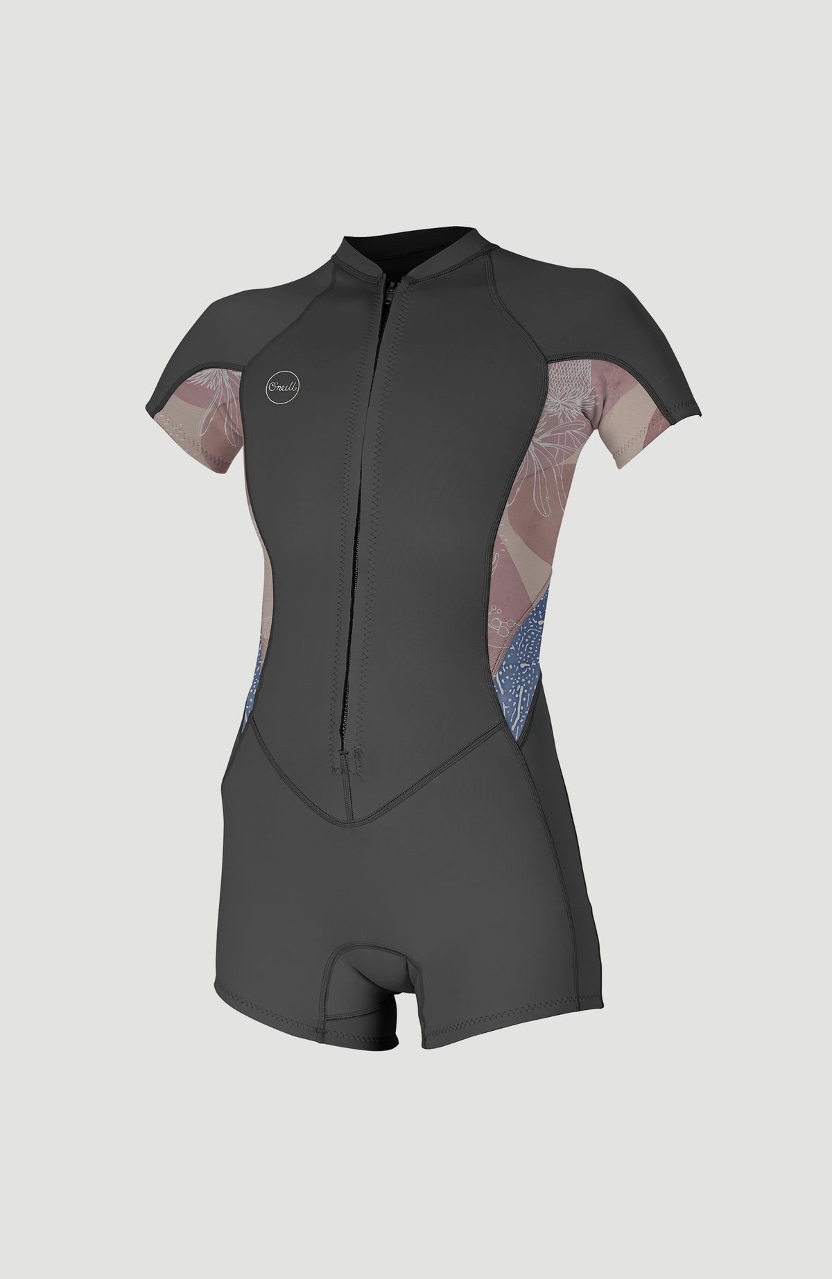 O'Neill Bahia 2/1mm Front Zip Shortsleeve Spring Wetsuit für Damen, grau mit Blumenmuster in Rosa und Blau, Vorderansicht