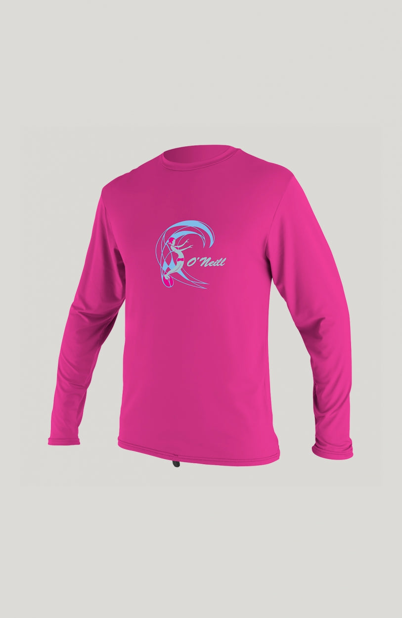 O'Neill O'Zone Long Sleeve UV Shirt für Mädchen, rot mit Logo-Print in Hellblau, freigestellt in Vorderansicht