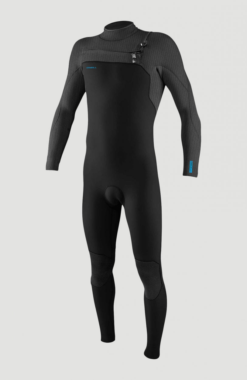 O'Neill Hyperfreak Plus 3/2mm Chest Zip Full Wetsuit für Herren, schwarz, freigestellt in Vorderansicht
