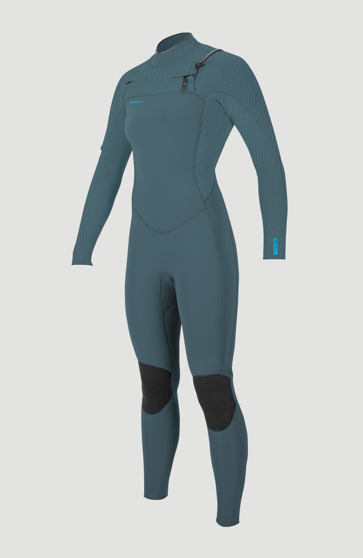Hyperfreak Plus Neoprenanzug für Damen, blau, freigestellt von vorne, strukturierte Ärmel und Frontreißverschluss