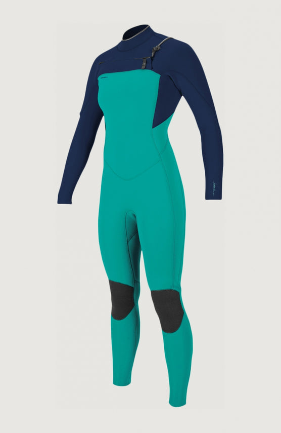 O'Neill Hyperfreak Plus 3/2mm Chest Zip Full Wetsuit für Damen, grün, freigestellt von vorne