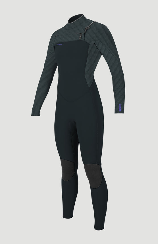 O'Neill Hyperfreak Plus 3/2mm Chest Zip Full Wetsuit für Damen, grau, freigestellt in Schrägansicht von vorne