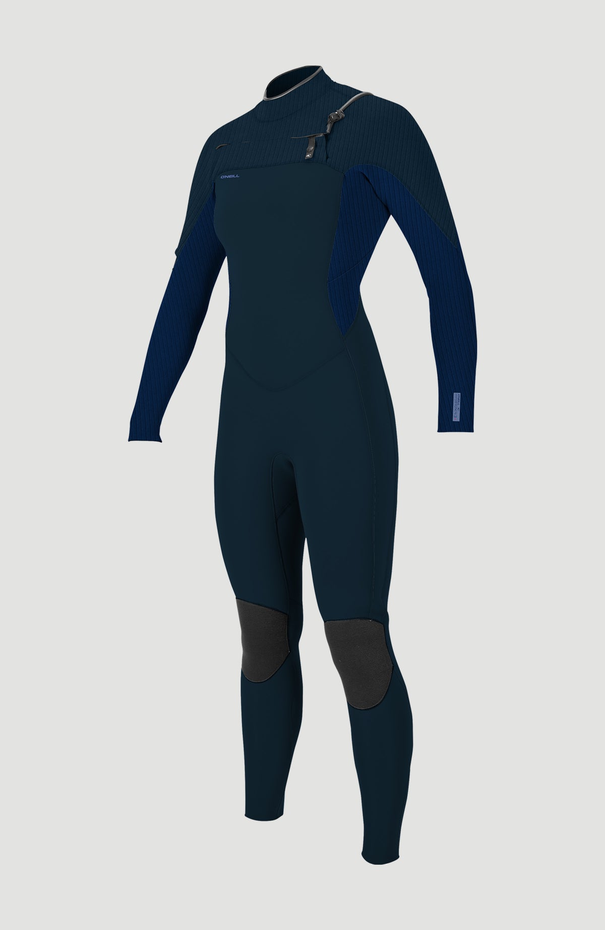 O'Neill Hyperfreak Plus 4/3mm Chest Zip Full Wetsuit für Damen, blauer Neoprenanzug, freigestellt von vorne