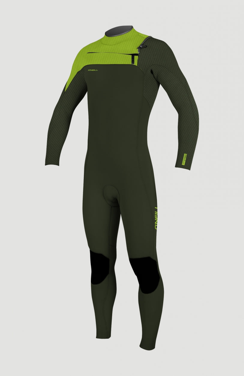 O'Neill Hyperfreak Plus 4/3mm Chest Zip Full Wetsuit Neoprenanzug für Jungen, grün, freigestellt von vorne