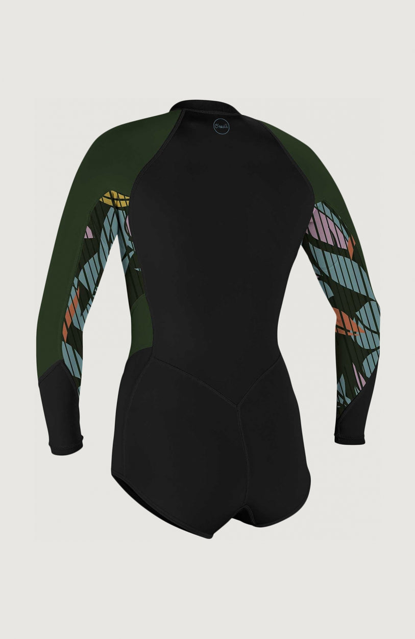 Bahia 2/1mm Neoprenanzug für Damen, schwarz mit Blättermuster, Rückansicht, freigestellt mit Logo-Print am Kragen