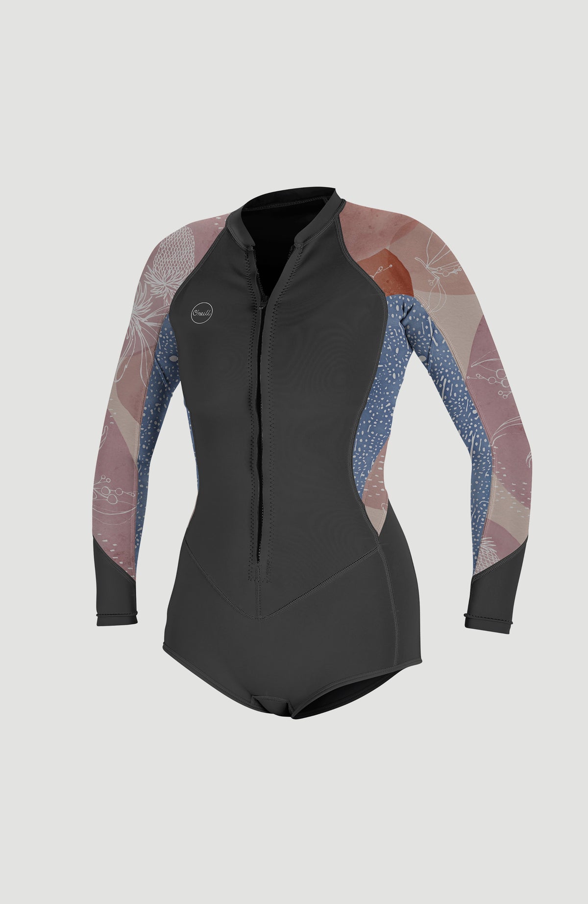 Blauer Bahia 2/1mm Neoprenanzug für Damen mit Grafikmuster in Rosa, freigestellt von vorne mit Frontreißverschluss
