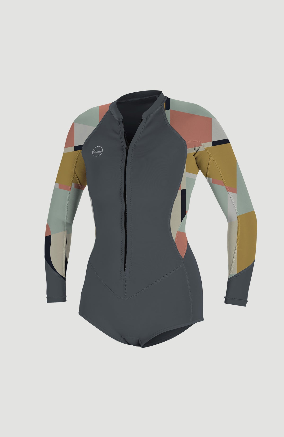 O'Neill Bahia 2/1mm Front Zip Long Sleeve Spring Wetsuit für Damen, blau mit Geometriemuster, freigestellt von vorne