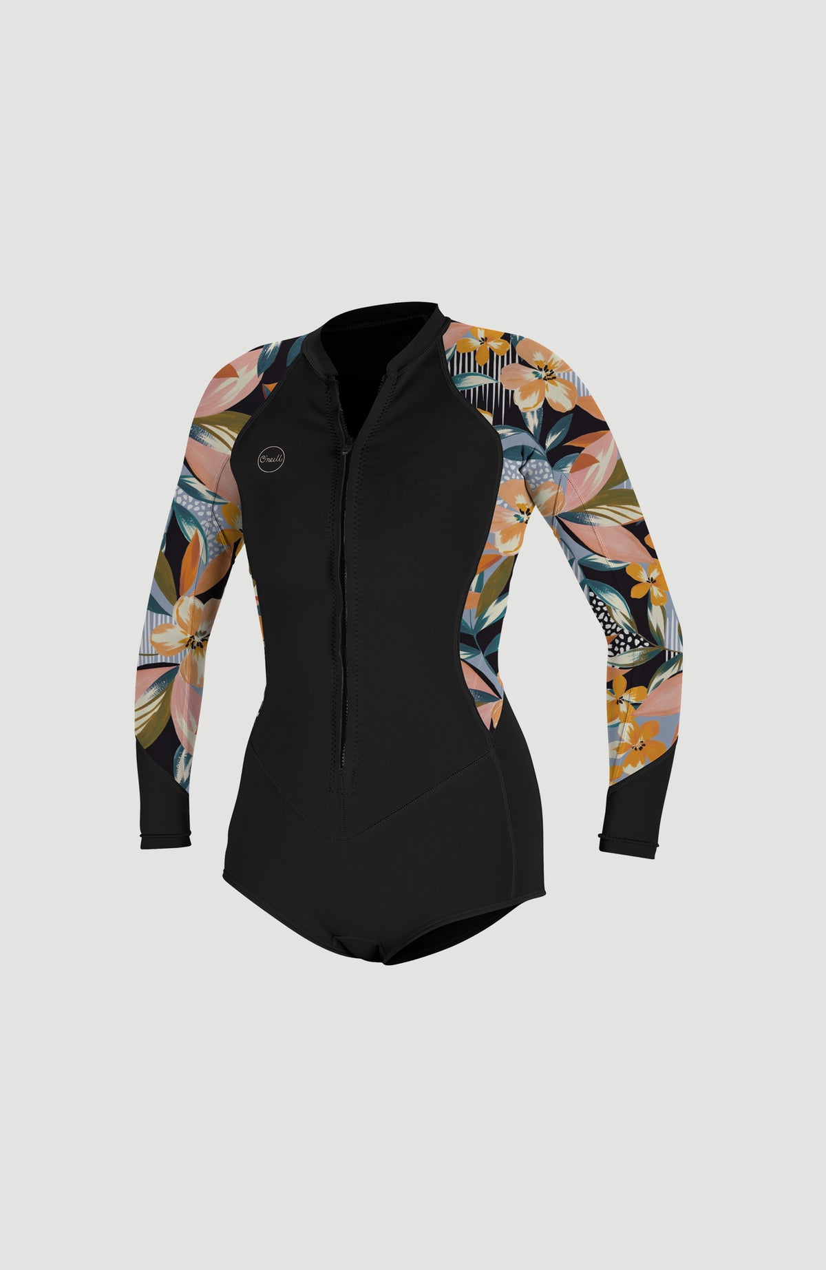 O'Neill Bahia 2/1mm Front Zip Long Sleeve Spring Wetsuit, schwarz mit Blumenmuster in Orange und Rosa, Vorderansicht