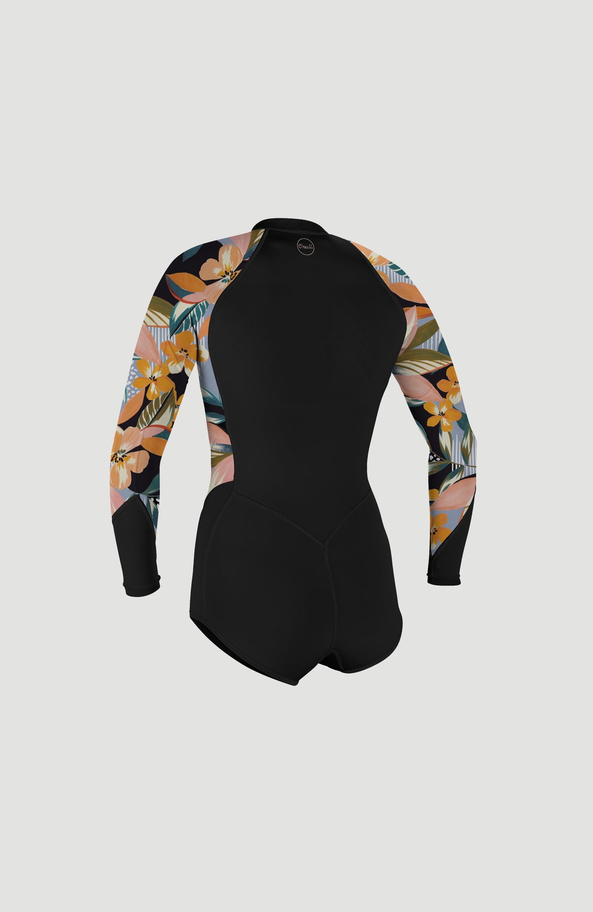 Bahia 2/1mm Neoprenanzug für Damen, schwarz mit Blumenmuster in Orange und Rosa, Rückansicht mit Logo-Print