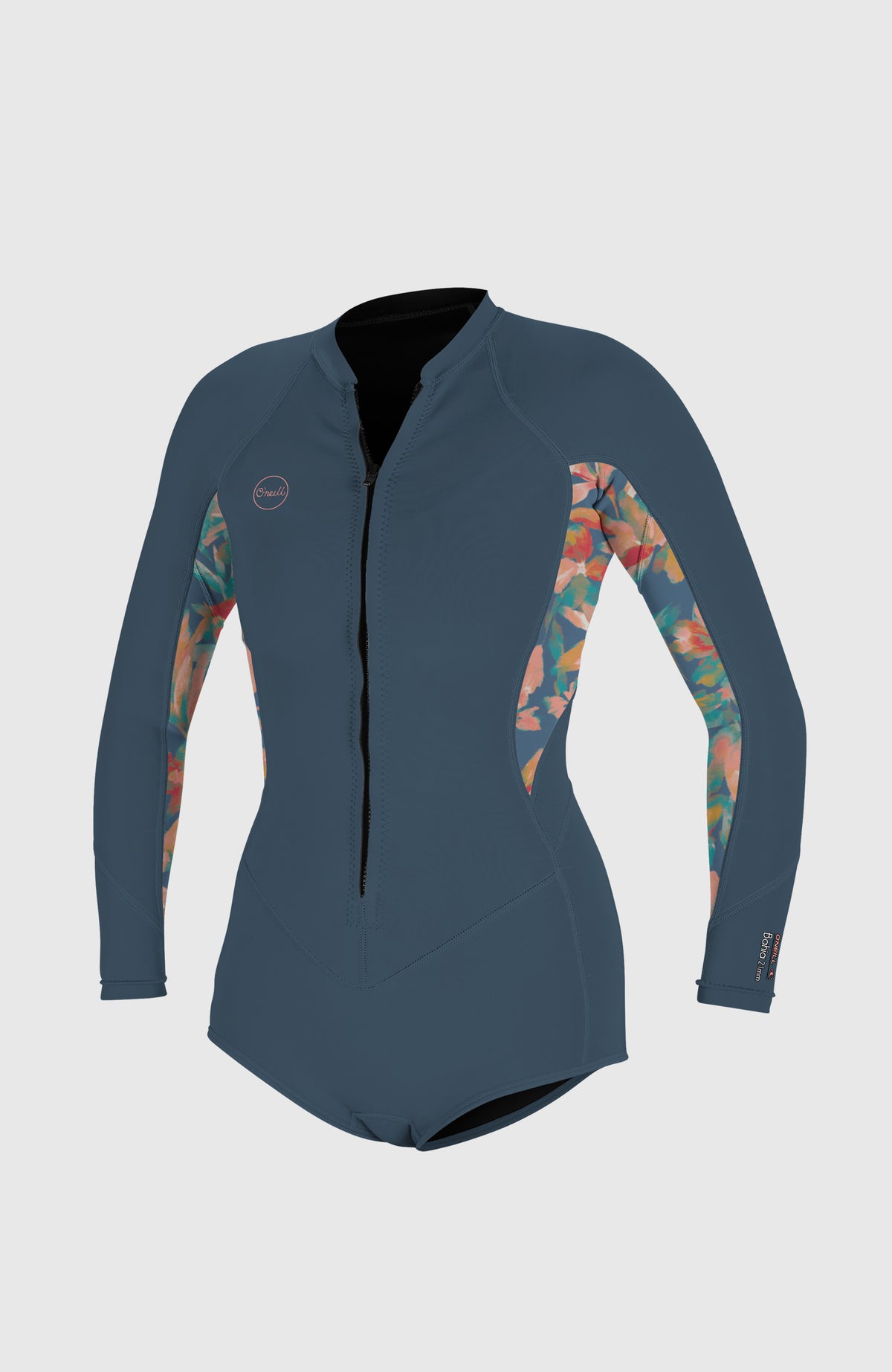 O'Neill Bahia 2/1mm Front Zip Long Sleeve Spring Wetsuit für Damen, blau mit Blumenmuster in Rosa, Vorderansicht