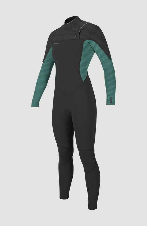O'Neill Hyperfreak Plus 5/4mm Chest Zip Full Wetsuit für Damen, grün, freigestellt von schräg vorne