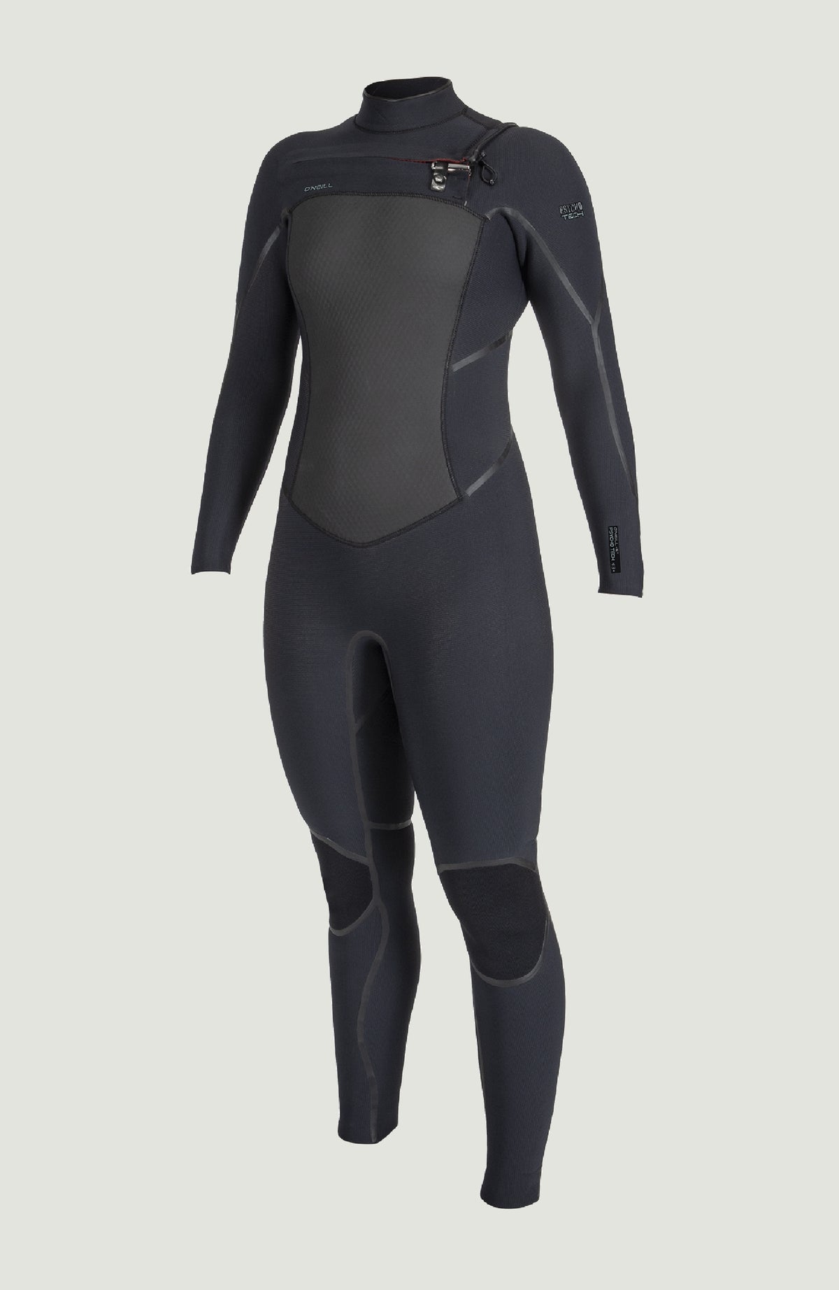 O'Neill Psycho Tech 5/4mm Chest Zip Full Wetsuit Neoprenanzug für Damen in Schwarz, freigestellt von vorne