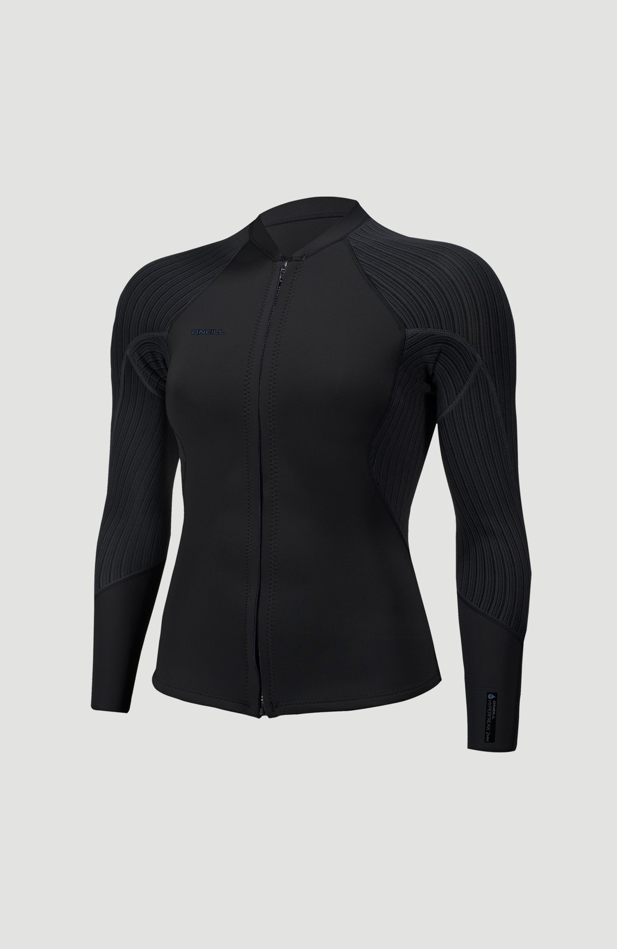 O'Neill Hyperfreak 2/1.5mm Front Zip Wetsuit Jacket für Damen, schwarz, freigestellt von vorne mit Reißverschluss