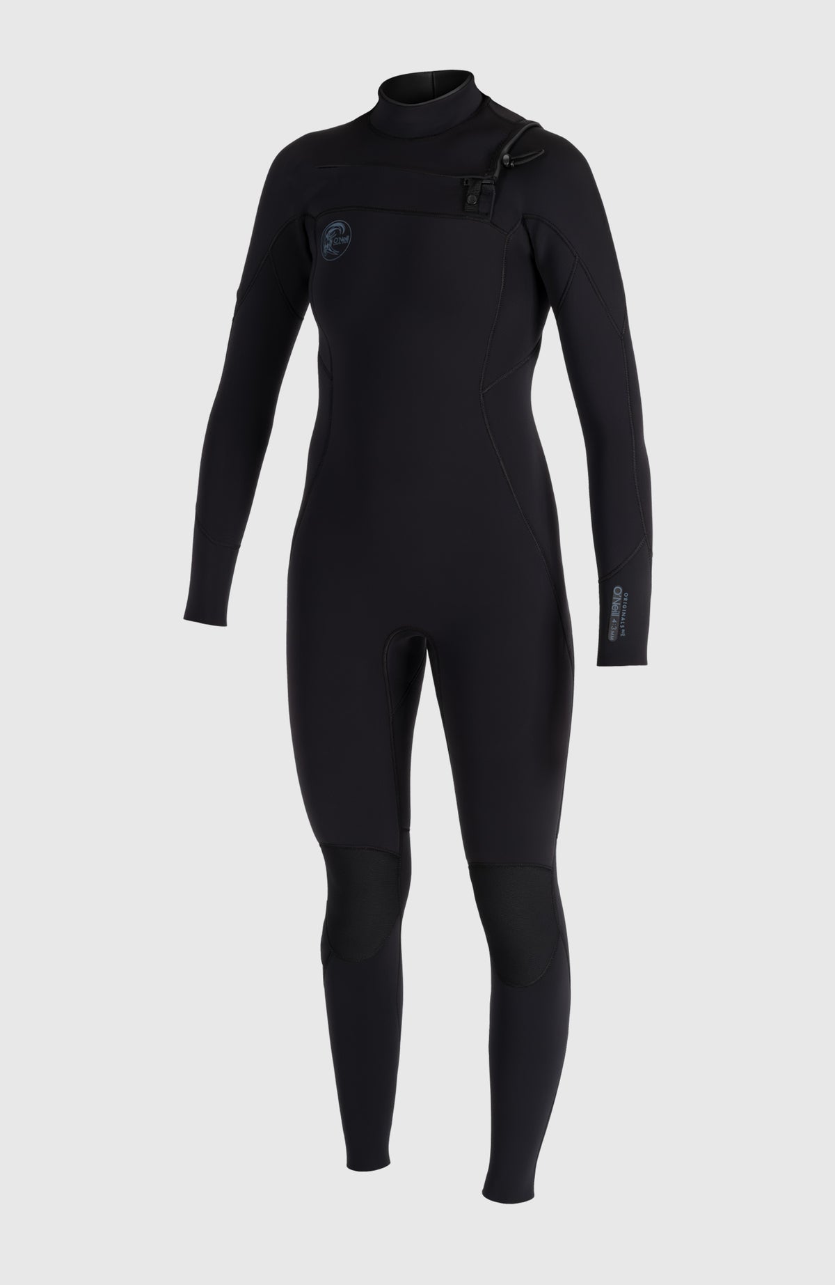 O'Riginals RG8 4/3mm Chest Zip Full Wetsuit für Damen, schwarz, freigestellt von vorne mit Reißverschluss