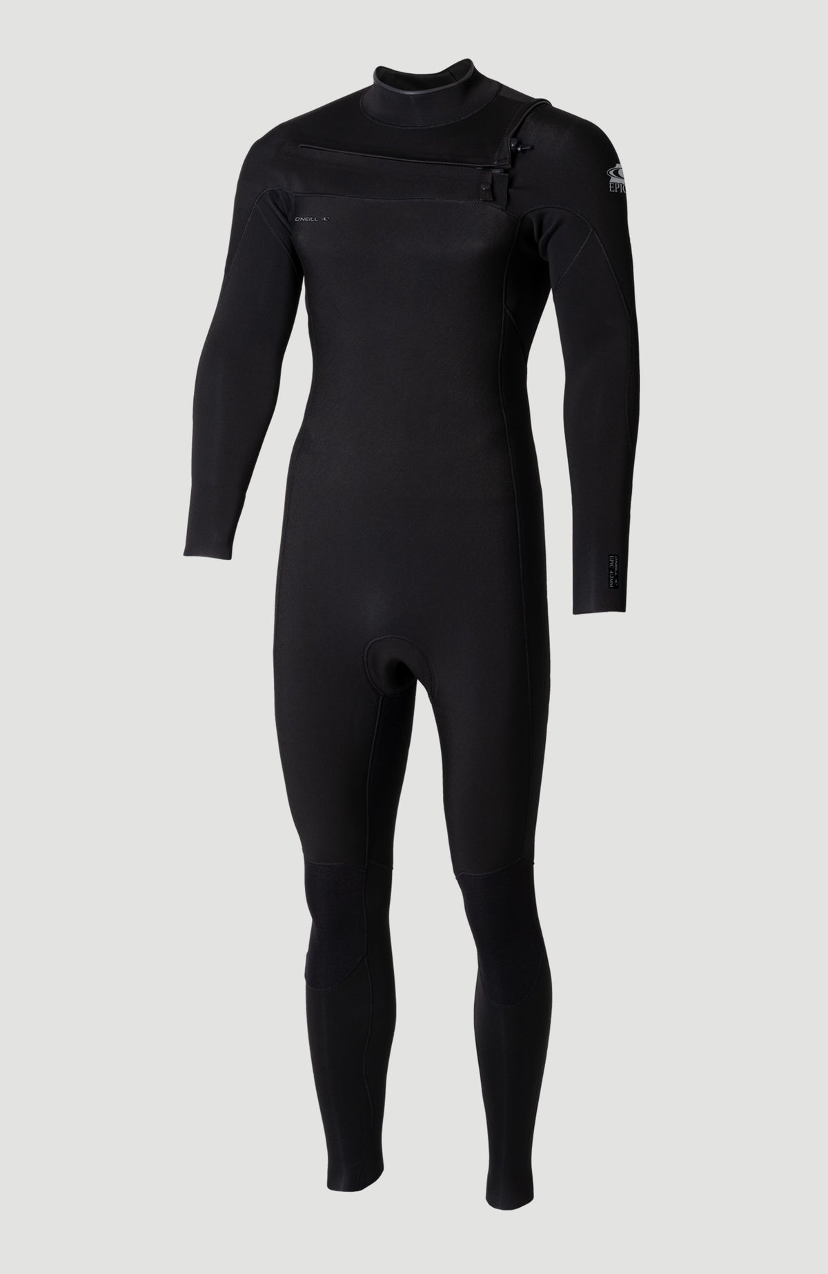 O'Neill Epic 4/3mm Chest Zip Full Wetsuit Neoprenanzug für Herren, schwarz, freigestellt von vorne