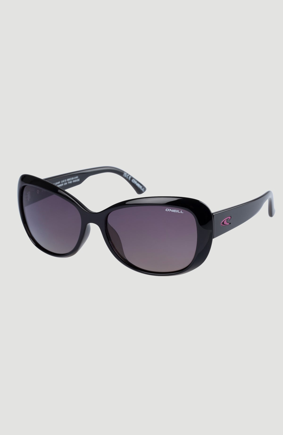 Schwarze Sunglasses 9010 Sonnenbrille für Damen, freigestellt von schräg vorne mit Logo am Bügel