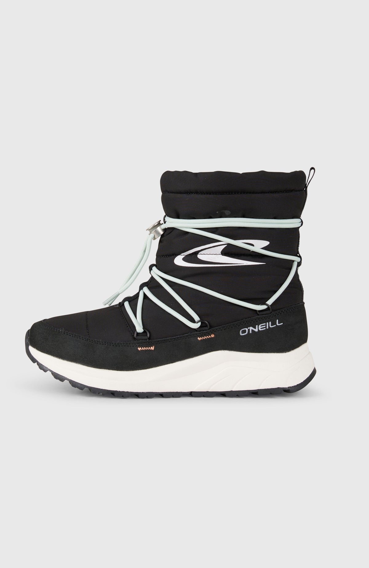VAILhohe Schneestiefel für Damen, schwarz, freigestellt von der Seite mit Logo-Print und heller Zwischensohle
