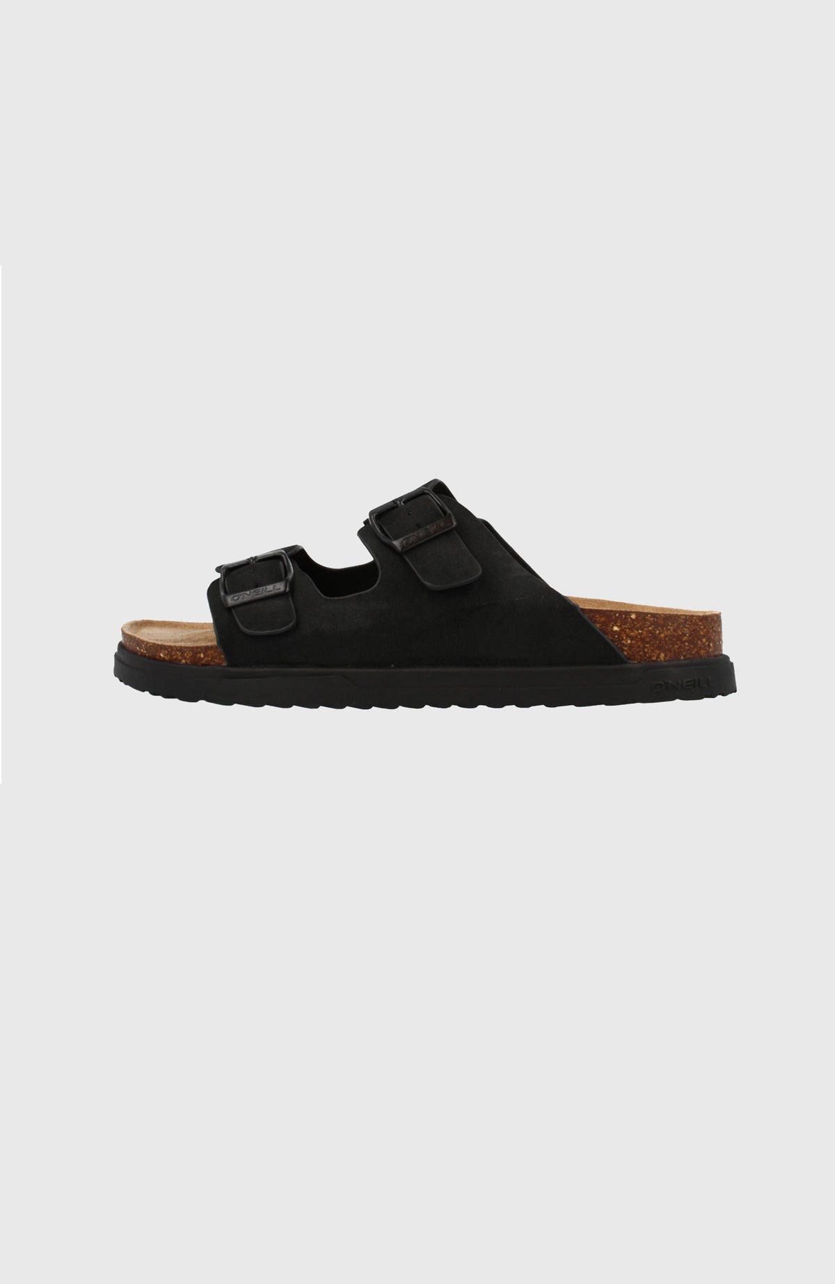 Sandy Slider Sandalen für Damen, schwarz, freigestellt von der Seite mit verstellbaren Schnallen