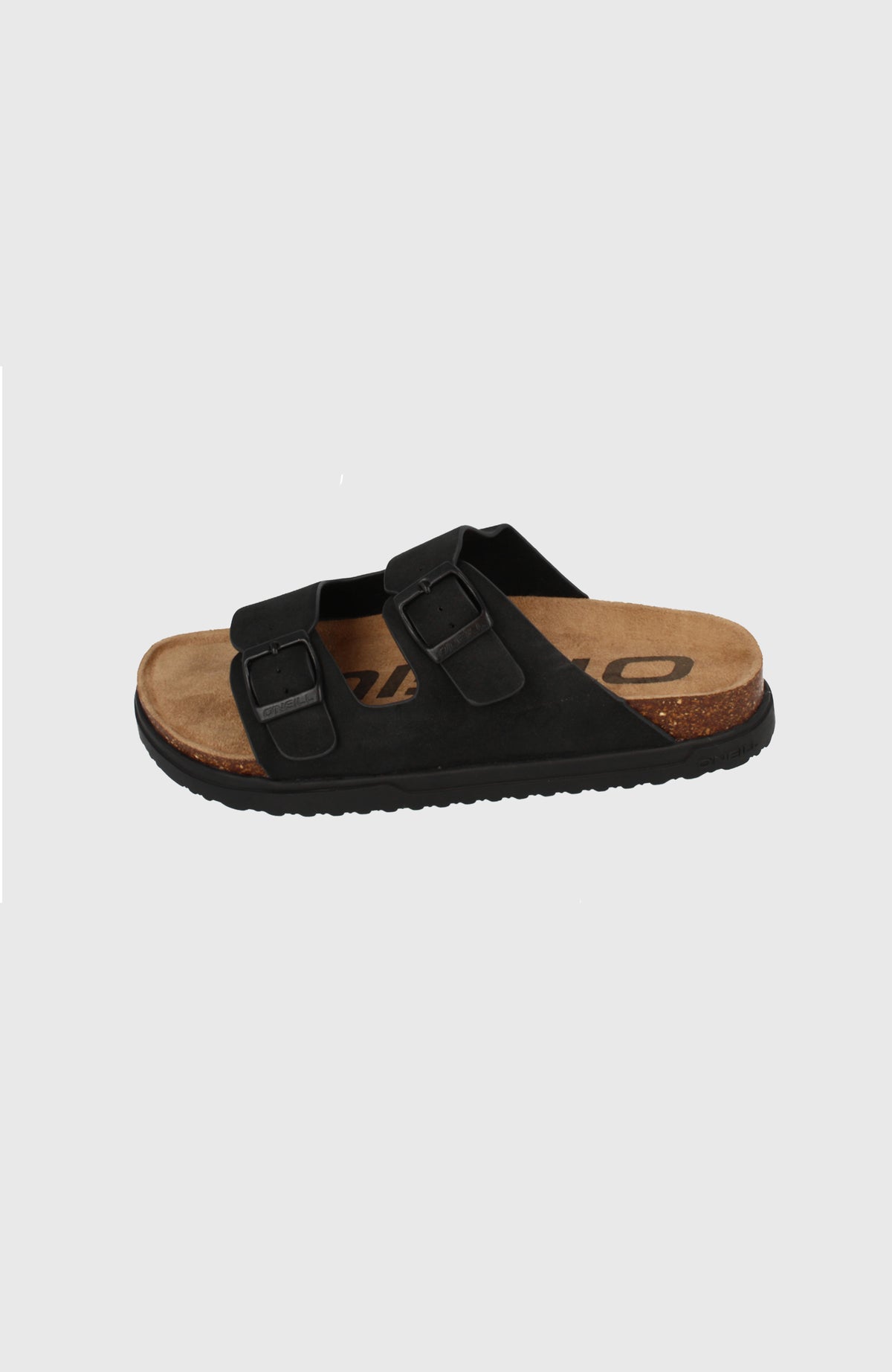 O'Neill Sandy Slider Sandalen für Damen, schwarz, freigestellt von schräg oben mit zwei verstellbaren Riemen