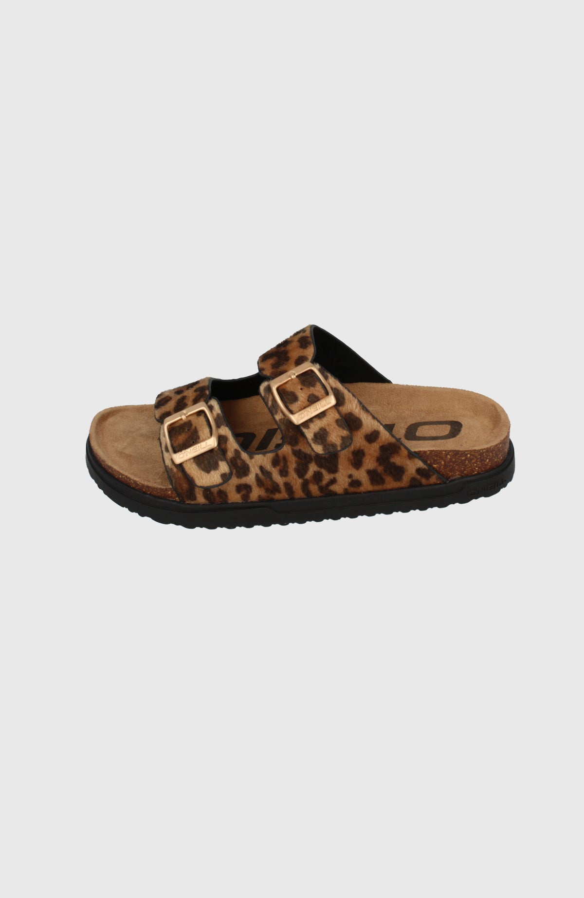 O'Neill Sandy Slider Sandalen für Damen, braun mit Leopardenmuster in Schwarz, freigestellt von schräg oben
