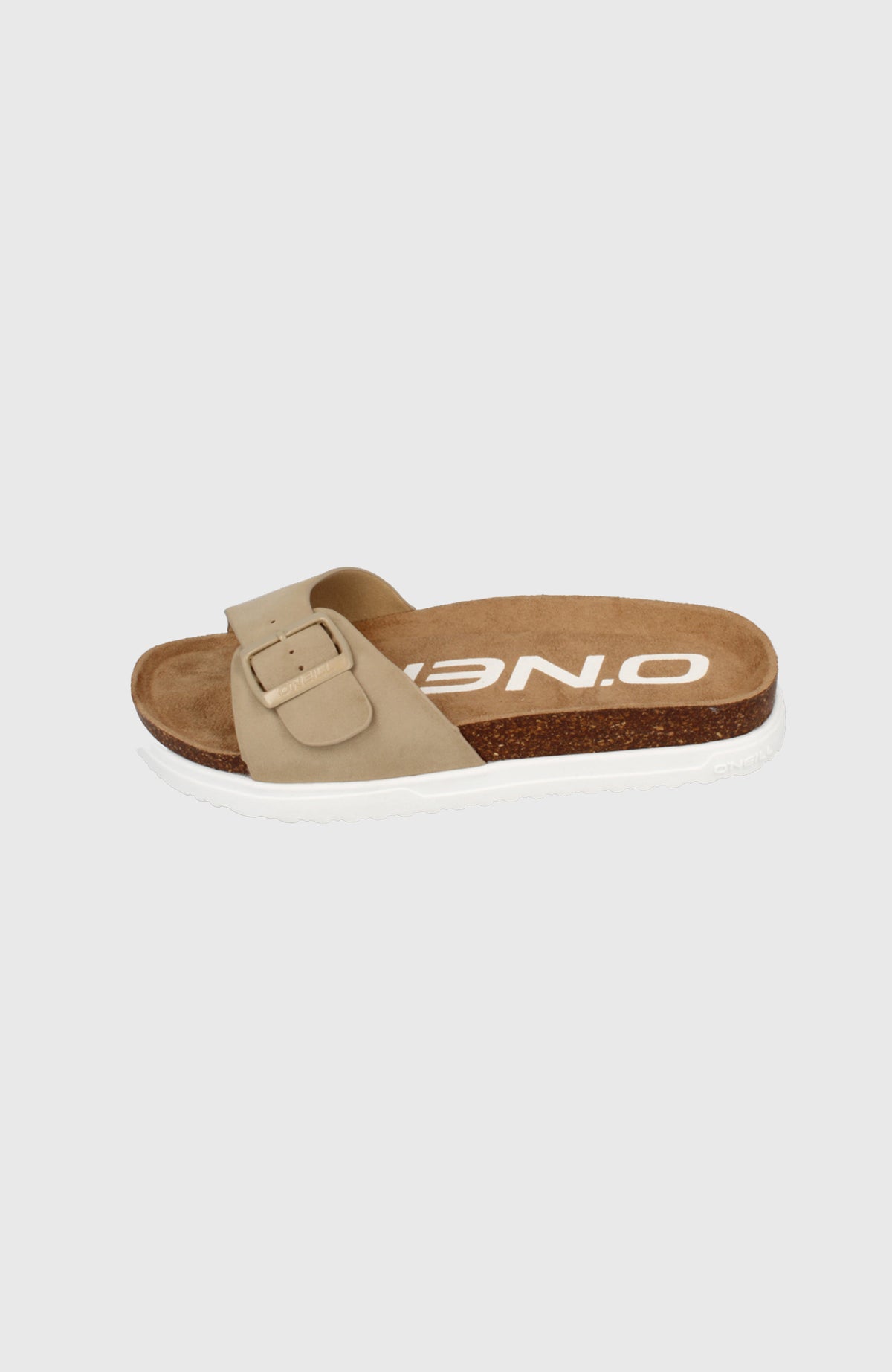 O'Neill Solana Slider Sandalen für Damen, braun, freigestellt von schräg oben mit verstellbarem Riemen und Schnalle