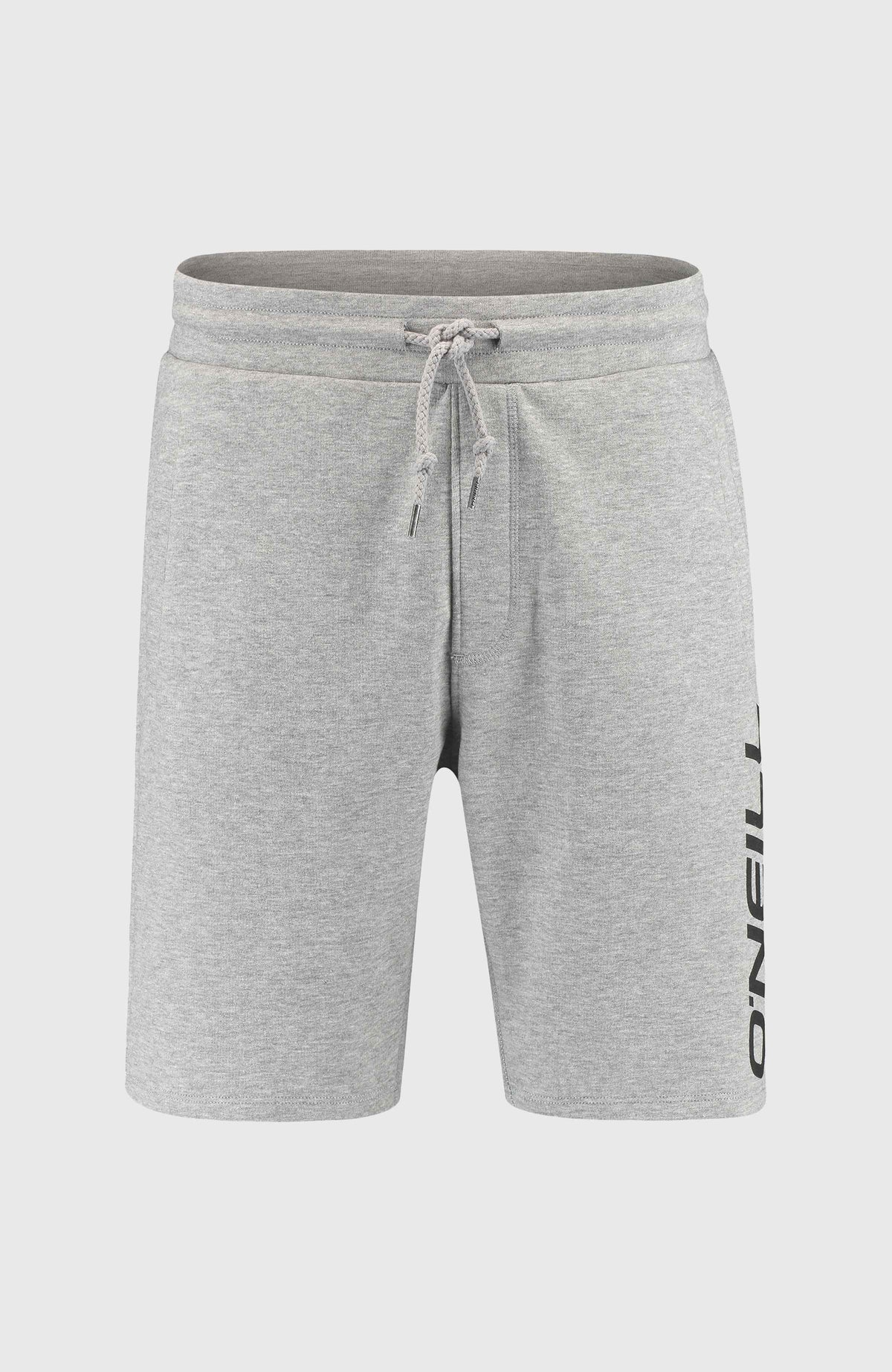 Logo Sweatshorts für Herren, grau mit Logo-Print in Schwarz, freigestellt von vorne mit Kordelzug