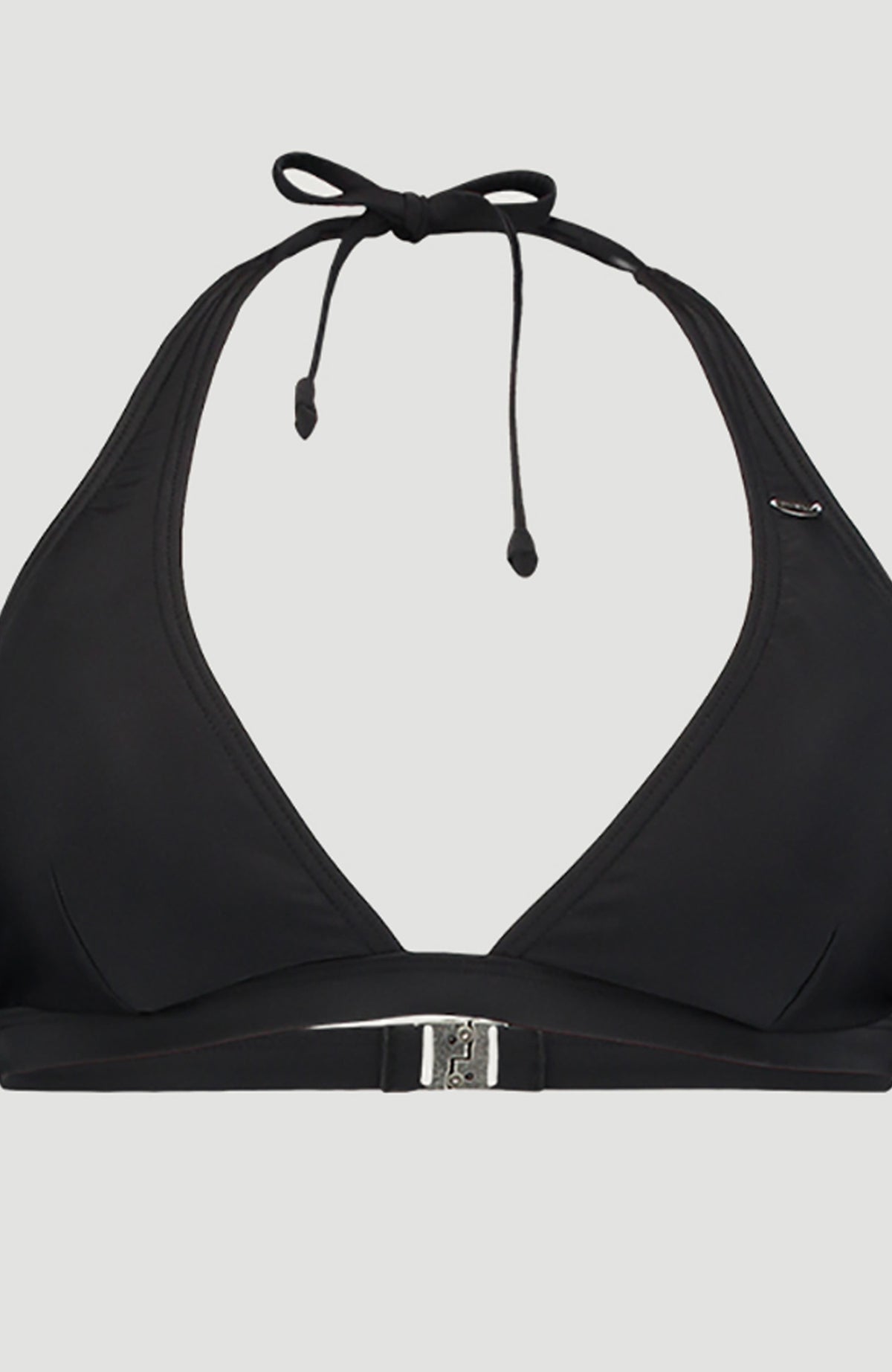 Maria Cruz Bikini-Set, schwarz, flach liegend von vorne, Nahaufnahme des Neckholder-Tops mit Schließe