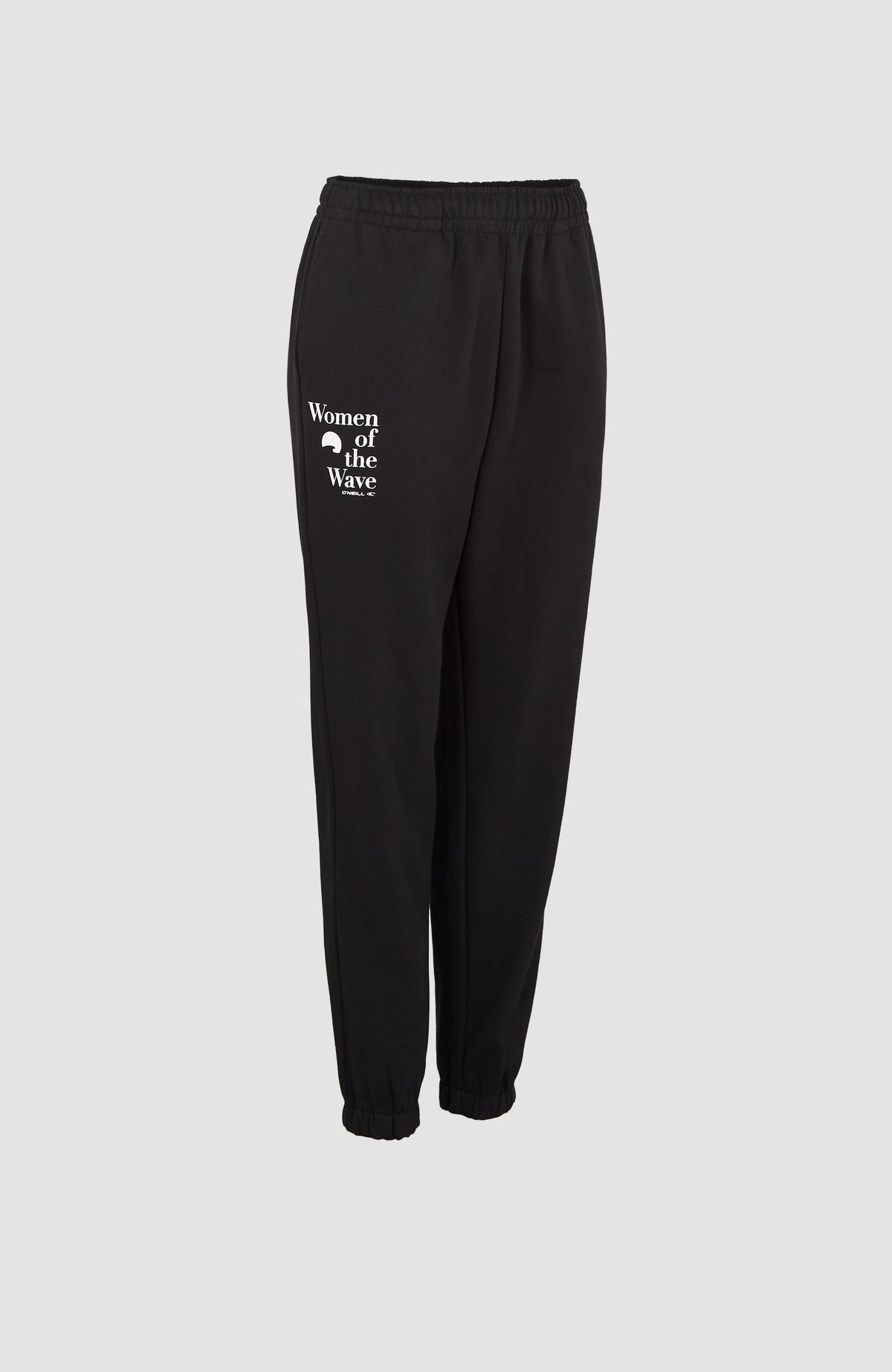 Schwarze Women of the Wave Jogginghose für Damen mit weißem Logo-Print, freigestellt von der Seite