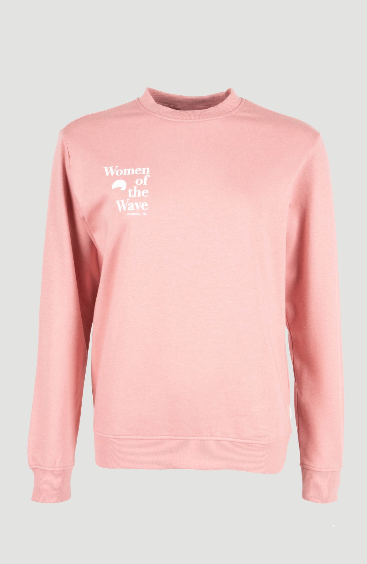 O'Neill Women of the Wave Crew Sweatshirt für Damen, pink mit Logo-Print in Weiß, freigestellt von vorne