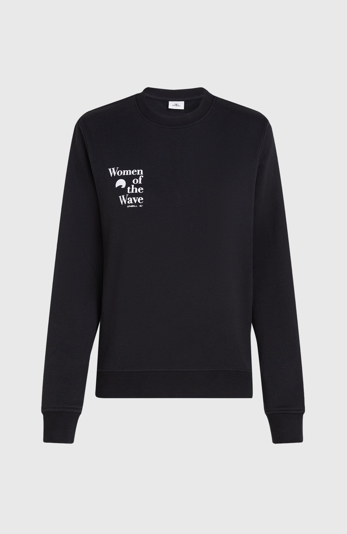 Women of the Wave Crew Sweatshirt für Damen, schwarz mit Logo-Print in Weiß, freigestellt in der Vorderansicht