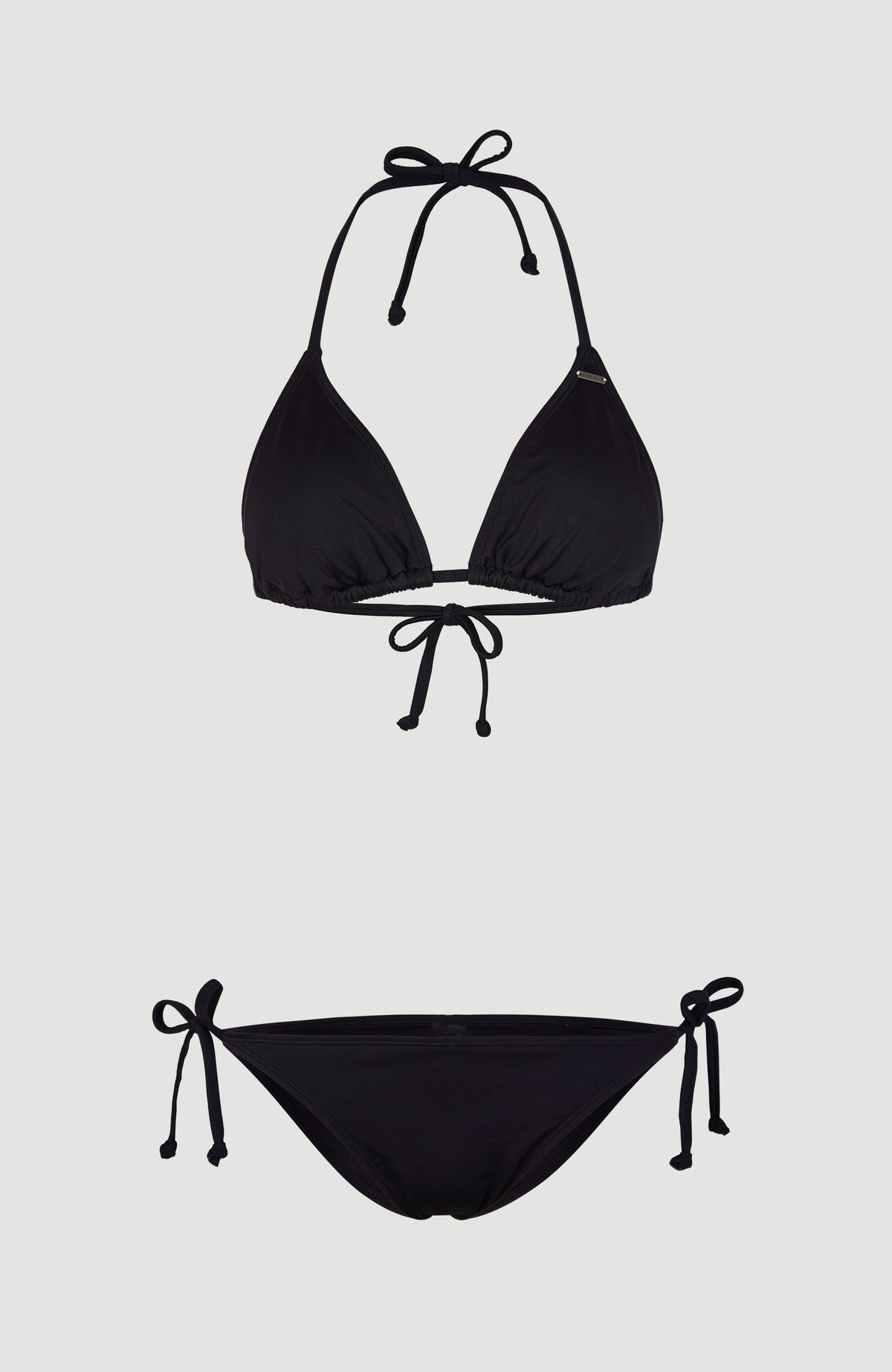 Capri Bondey Bikini-Set für Damen, schwarz, flach liegend von vorne mit Triangel-Top und Bikinihose