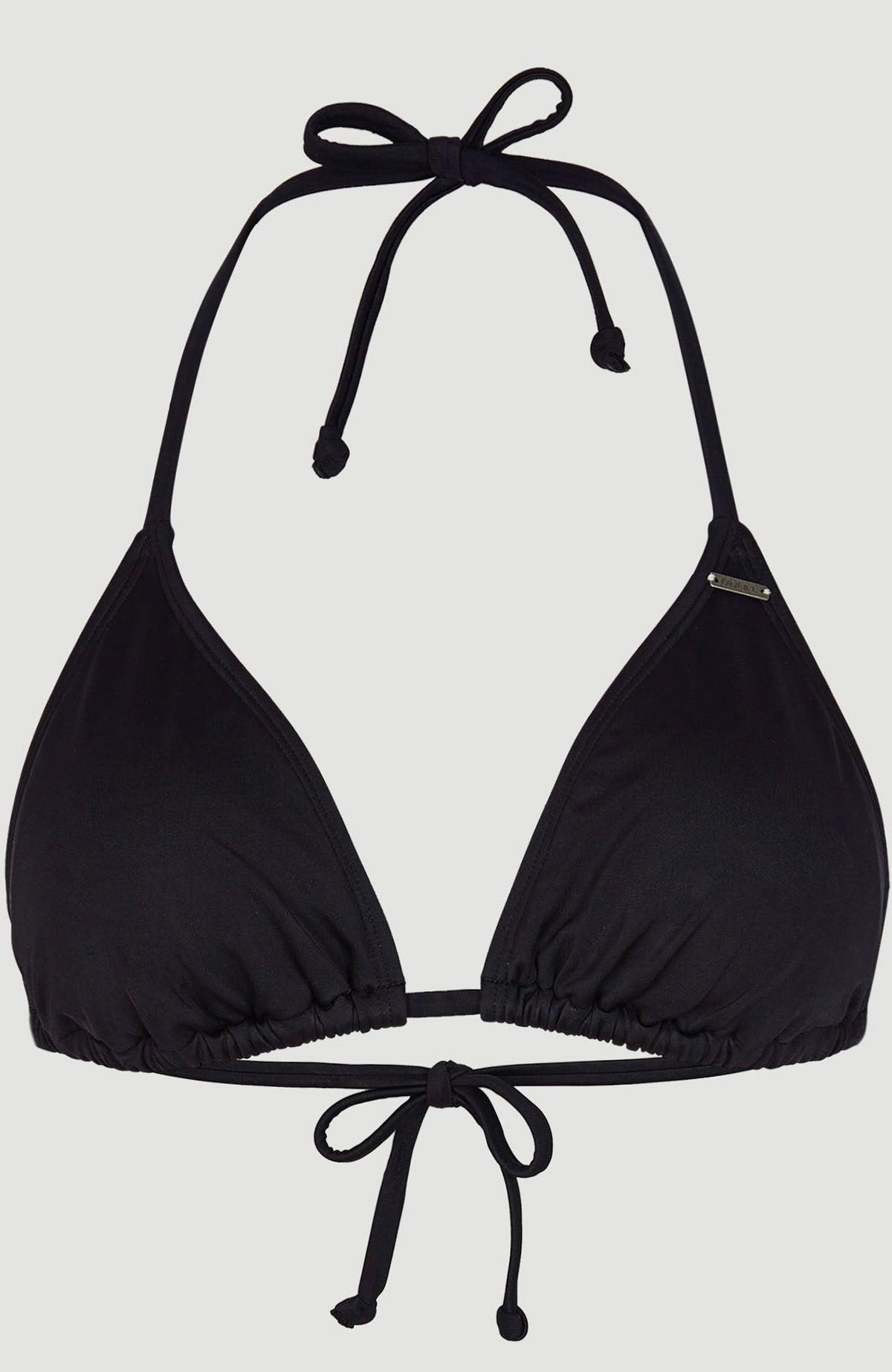 Capri Bondey Bikini-Set, schwarz, Nahaufnahme des Triangel-Bikinioberteils flach liegend von vorne