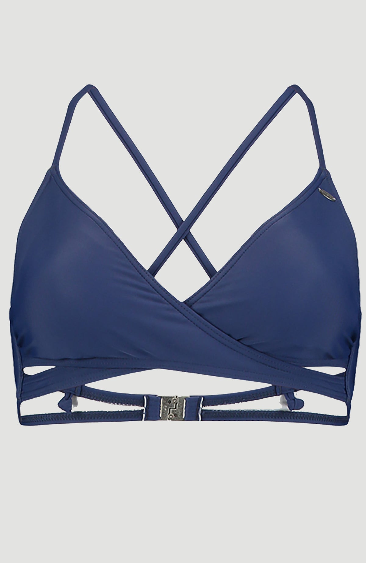 Bikinioberteil des blauen Baay Maoi Bikini-Set für Damen, flach liegend von vorne mit überkreuzten Bändern