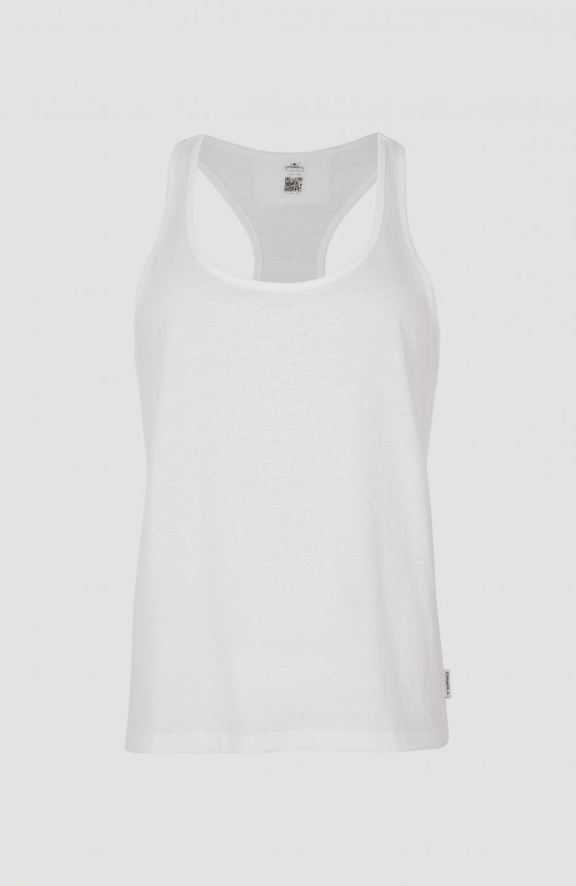 Essentials Racerback-Tanktop für Damen, weiß, freigestellt von vorne mit Rundhalsausschnitt