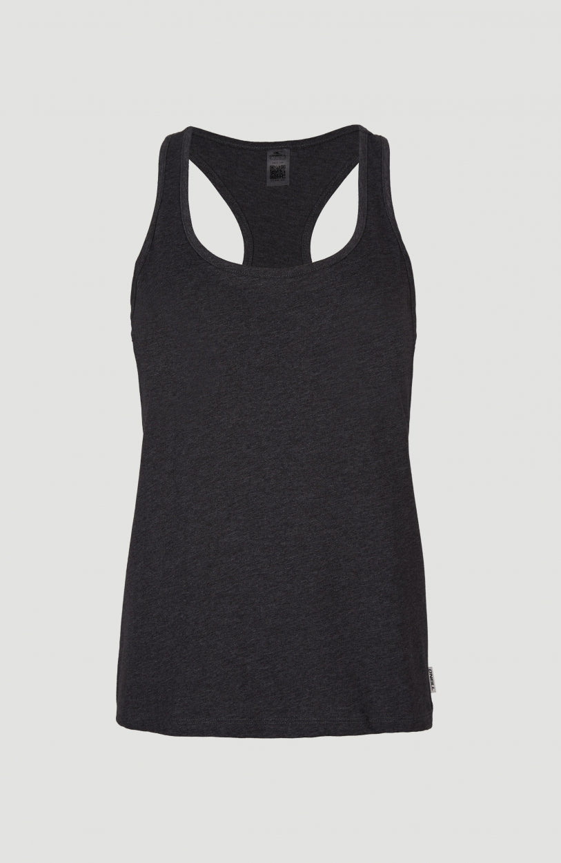 Essentials Racerback-Tanktop für Damen, schwarz, freigestellt von vorne mit Rundhalsausschnitt
