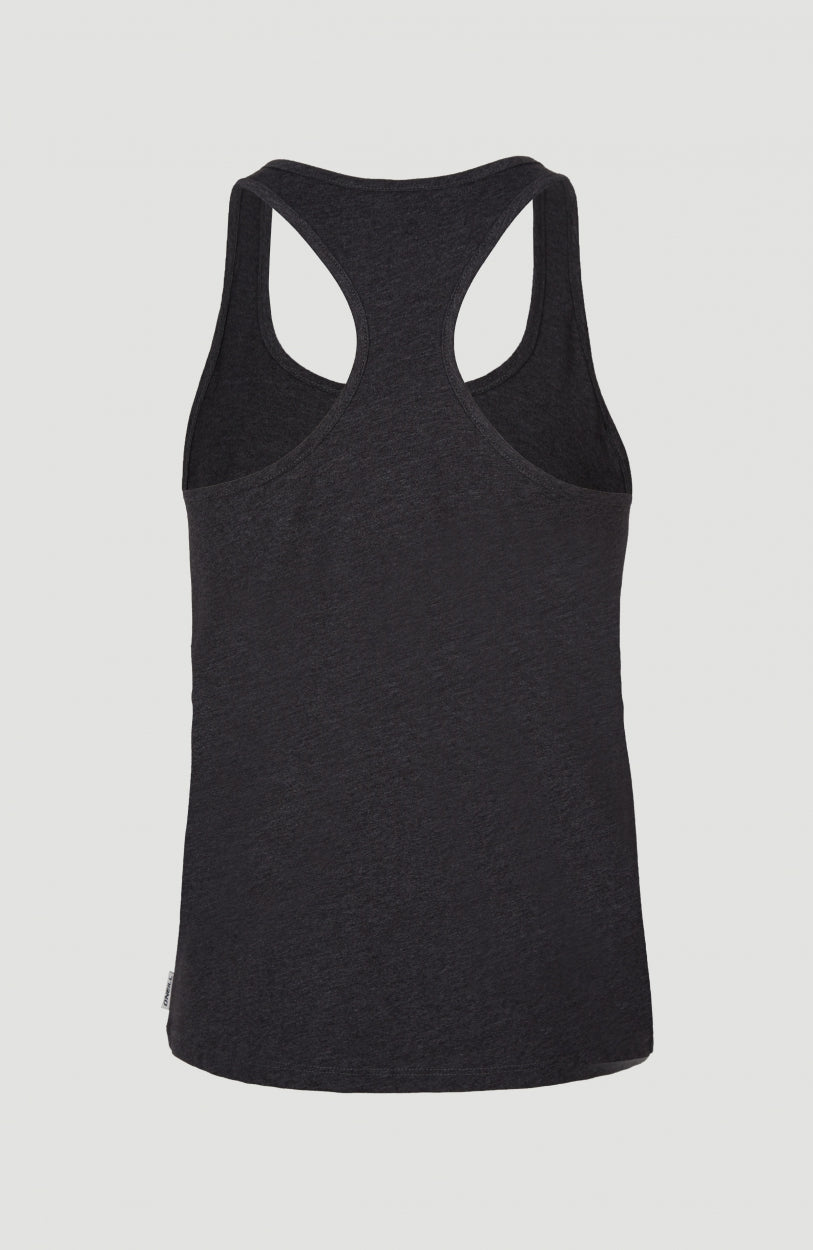 Essentials Racerback-Tanktop für Damen, schwarz, freigestellt von hinten mit Racerback-Schnitt