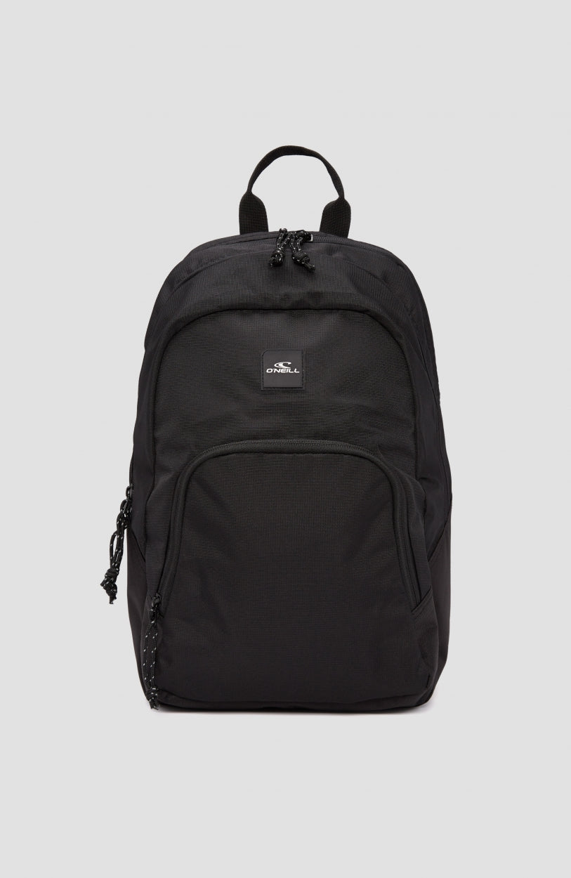 O'Neill Wedge Rucksack für Herren, schwarz, freigestellt von vorne mit Reißverschlussfächern und Logo-Patch