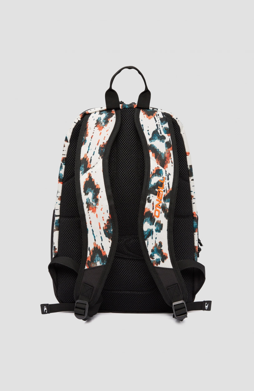 Wedge Rucksack für Herren, weiß mit Tiermuster in Türkis und Orange, freigestellt von hinten mit Trägern