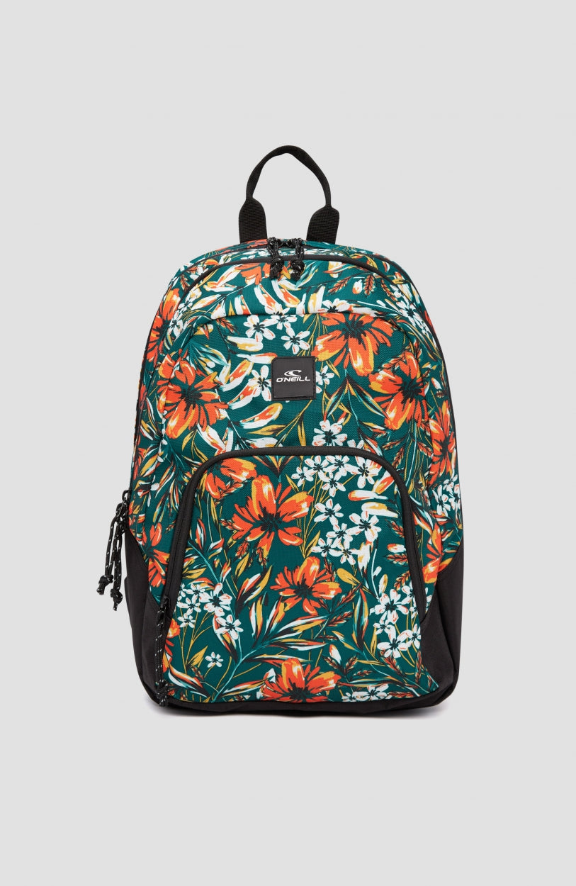 O'Neill Wedge Rucksack für Herren, orange mit Blumenmuster in Grün und Weiß, freigestellt in der Vorderansicht