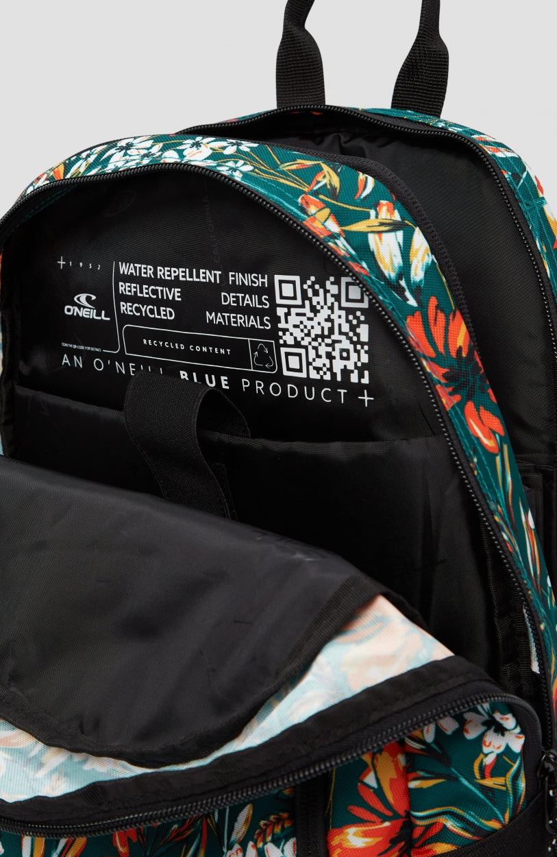 Wedge Rucksack für Herren, orange mit Blumenmuster in Grün und Weiß, Nahaufnahme des geöffneten Hauptfachs