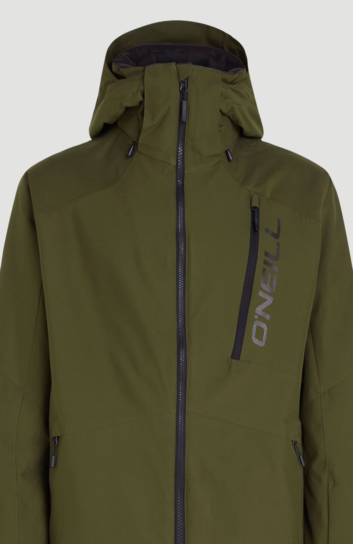Hammer Skijacke für Herren, grün, Nahaufnahme des Kragens, der Kapuze und der Brusttasche mit Logo-Schriftzug