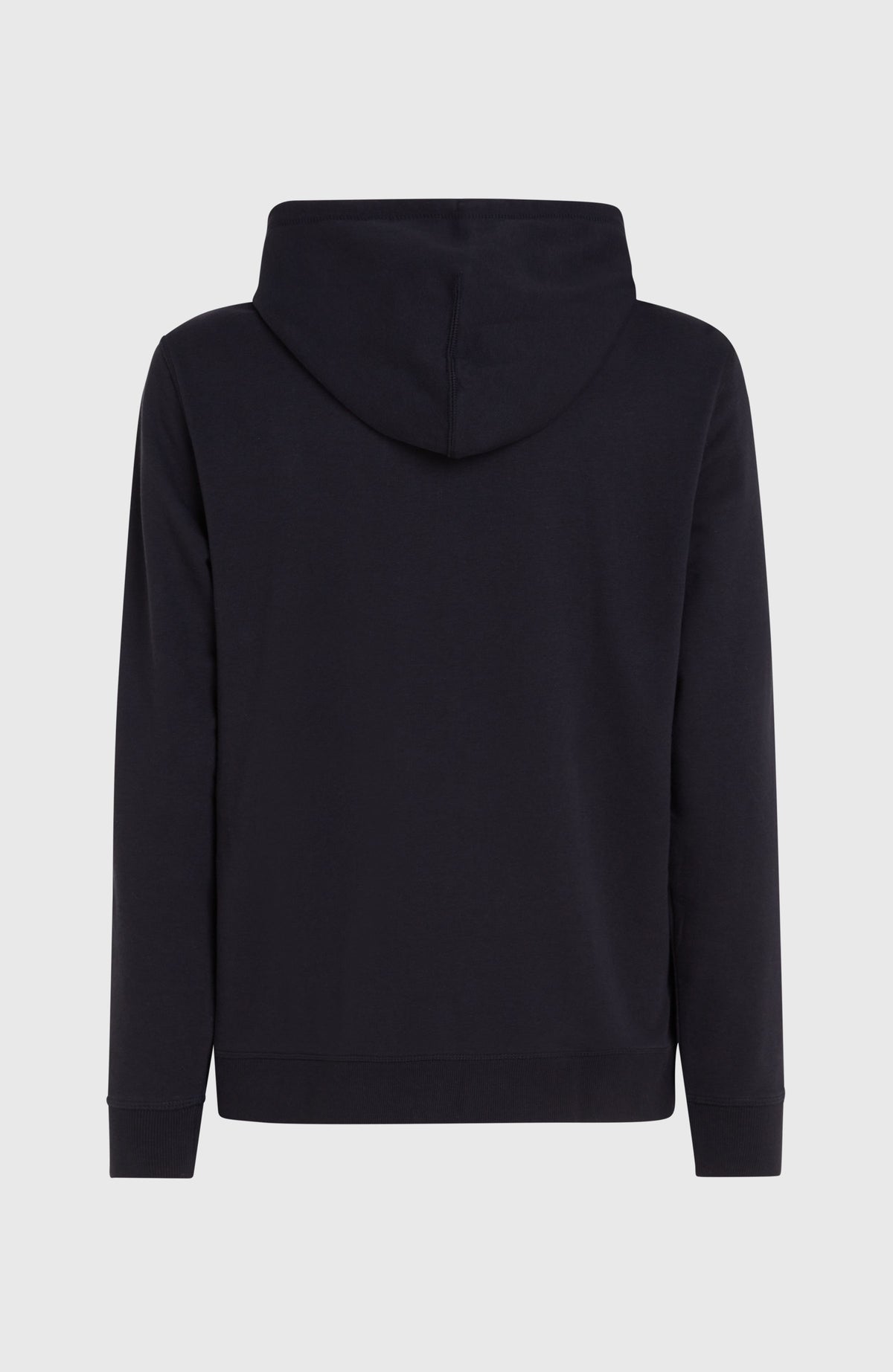 Logo Hoodie, schwarz, freigestellt von hinten mit Kapuze und geripptem Saum