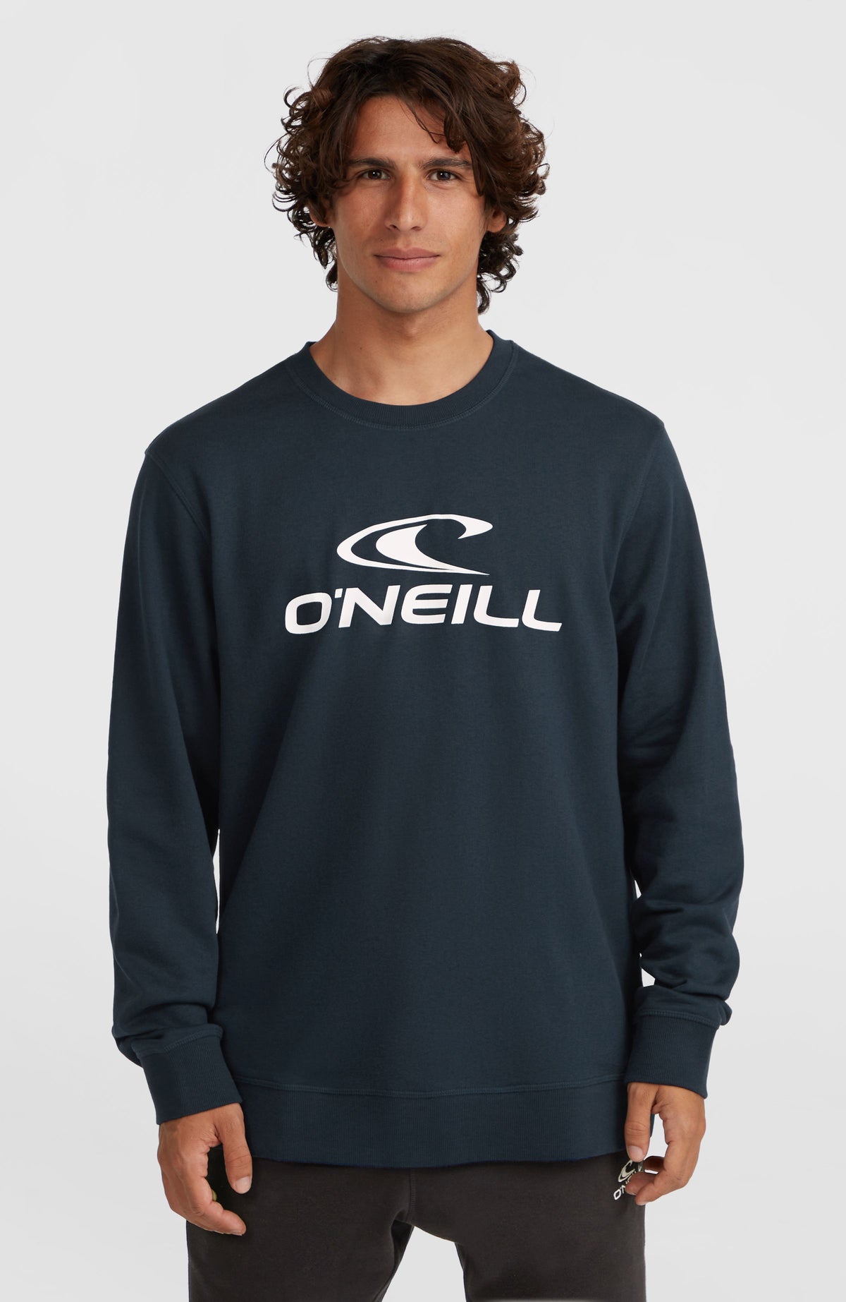 O'Neill Logo Crew Sweatshirt für Herren, blau mit Logo-Print in Weiß, Vorderansicht getragen am Model