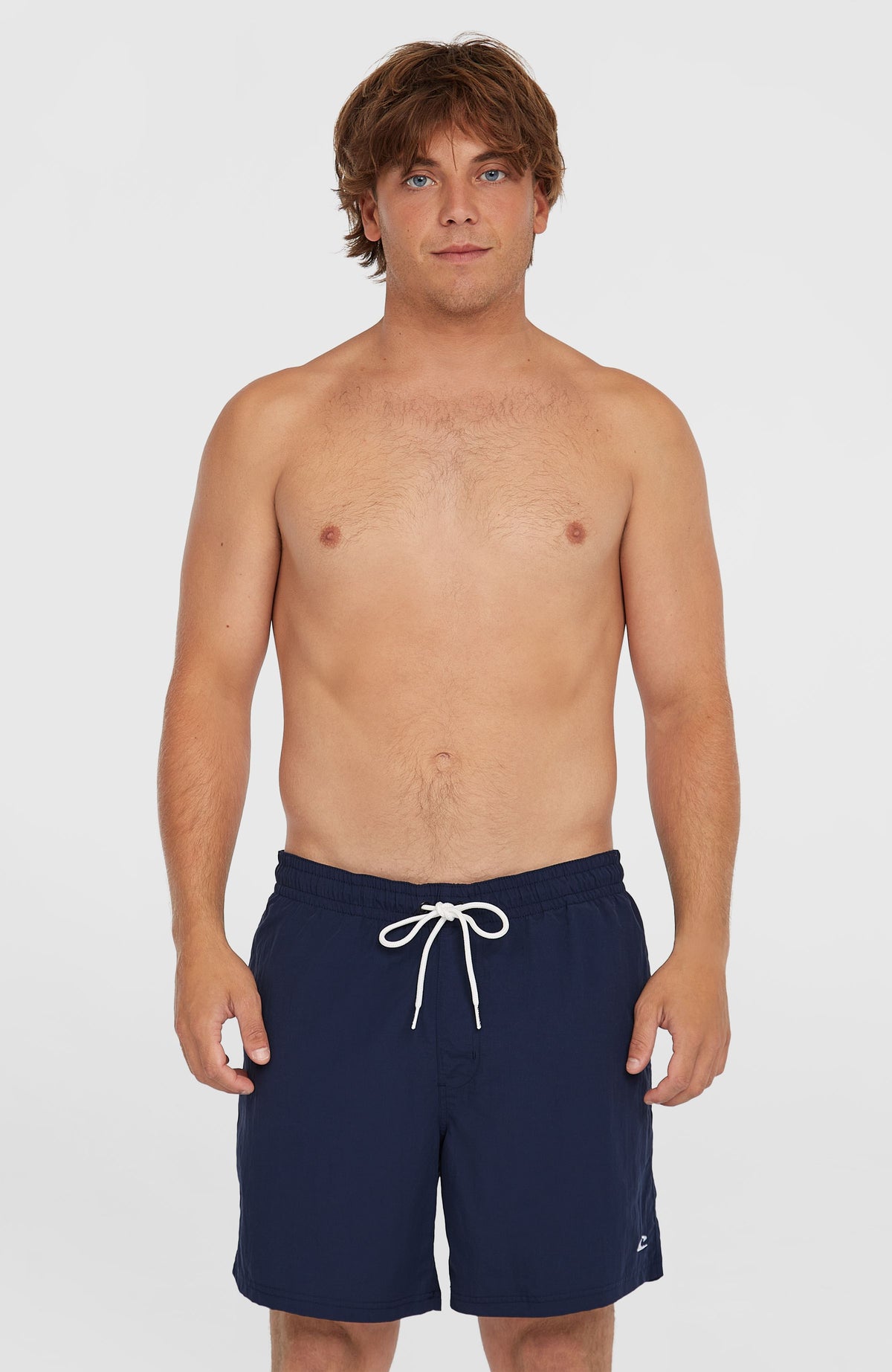 O'Neill Vert 16" Badehose für Herren, blau, Vorderansicht getragen am Model, mit weißem Kordelzug am Bund