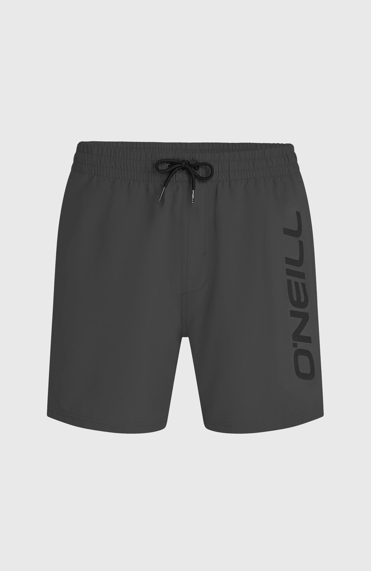 Logo 16" Badehose für Herren, grau, flach liegend von vorne mit Kordelzug und Logo-Print