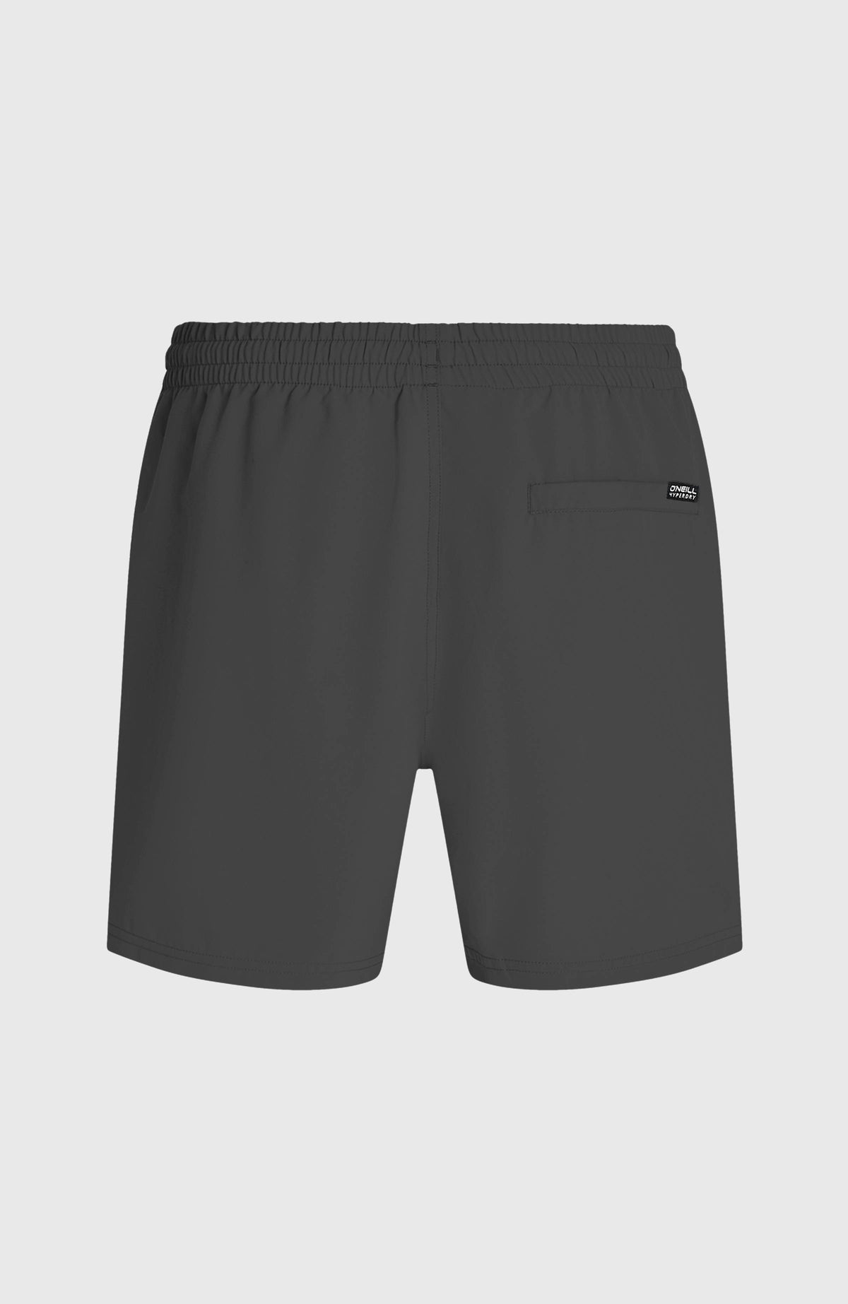 Logo 16" Badehose für Herren, grau, flach liegend von hinten mit Gesäßtasche und Label