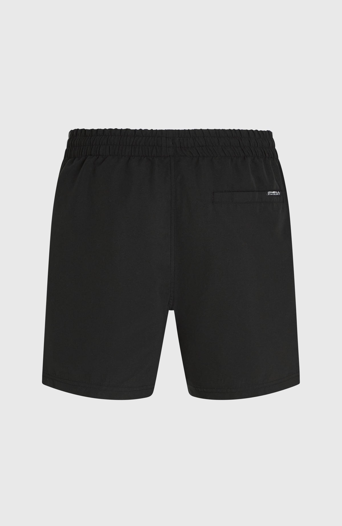 Schwarze Logo 16" Badehose für Herren mit Logo-Print in Weiß, flach liegend von hinten mit Tasche an der Rückseite